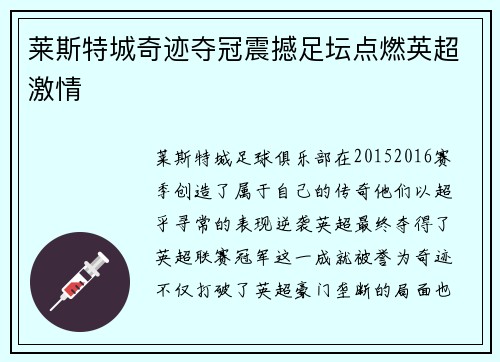莱斯特城奇迹夺冠震撼足坛点燃英超激情 莱斯特城奇迹夺冠震撼足坛点燃英超激情