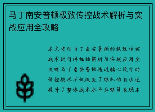 马丁南安普顿极致传控战术解析与实战应用全攻略